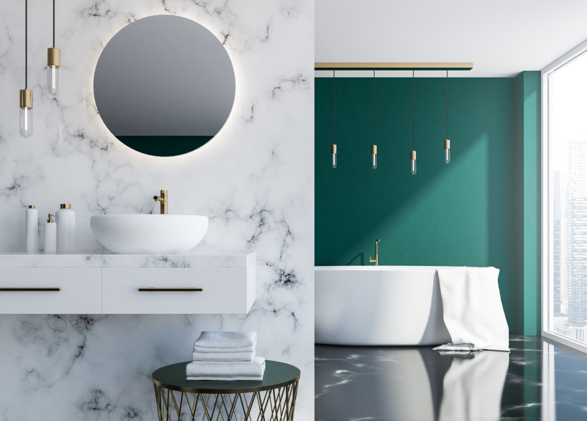 Loft-Badezimmer aus weißem Marmor und dunkelgrün, mit einem Waschbecken, einem runden Spiegel und einer Badewanne in der Nähe des Loft-Fensters