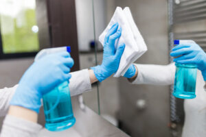 Nahaufnahme von Frauenhänden mit medizinischen Handschuhen, die den Spiegel mit einem Lappen polieren und Desinfektionsspray verwenden. Housekeeping und Reinigungsdienst.